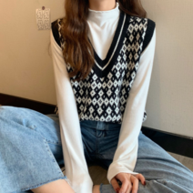 베러댓걸 여성용 간절기 가을 리틀 다이아체크 깊은 브이넥 니트 조끼