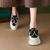 리얼레더 왕리본 6cm여성키높이슬립온 사이드린넨