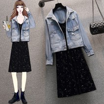 원피스코디세트 빅사이즈 여성의류 상패 구슬장식 데님점퍼 봄계절 와이드 루즈핏 슬림핏 1995401029