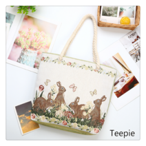 티피/Teepie 패션 여성 캔버스백 금사 양면 자수 토끼 패턴 숄더 토트백
