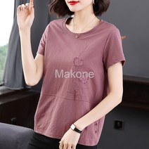 Makone 여자 봄가을 상의여름 자수 라운드 날씬해 보이는 엄마 반팔 상의 티셔츠 루즈핏 미디엄 실켓 면