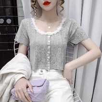 여성 반팔 라운드 크롭 니트티 2022 여름 레이스 얇은 얼음 실크 스웨터 여성용
