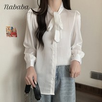 나바바 NB1225 여성 럭셔리 빈티지 단가라 리본넥 블라우스