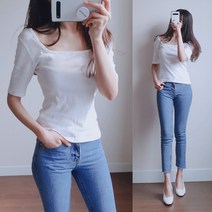 나날샵 면티 흰티 무지티 스퀘어넥 티셔츠 여성티셔츠 5부소매 루즈핏 반팔티 반팔 여름티 셔츠 블라우스