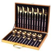 캠핑수저 스테인리스 스틸 식기 골드 나이프 포크 럭셔리 커트레이 선물 주방용 24 개, 26.Pink gold Add box