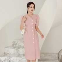DRM271 로맨틱 퍼프소매 자개버튼 린넨 원피스