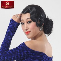 라틴 댄스 가발 앞 머리 장식 물결 국제 대회 부분 여자 정수리 인모 무대 헤어 스타일, 1개, 블랙