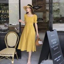 스퀘어넥원피스 프랑스타입 여신스타일 스퀘어카라퍼프소매 도라지 롱스커트 여신 내추럴 허리밴딩 날씬해보이는 스타일 무릎넘는길이 원피스형