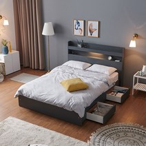 크렌시아 아너스 LED 일반서랍형 퀸 침대 Q+본넬 매트리스+방수커버, 그레이