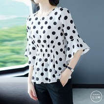 도오빠 여성 쉬폰 블라우스 셔츠 프릴 7부 소매 라운드넥 땡땡이 무늬 도트 패턴 여름 여자블라우스