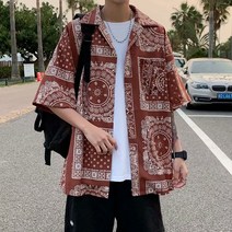 KORELAN 레트로 에스닉 스타일 캐슈 플라워 풀 린트 반팔 셔츠 남성 조수 브랜드 느슨한 셔츠