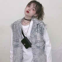 Xpqbb 한국어 패션 스팽글 데님 조끼 여성 라이트 블루 포켓 민소매 청바지 자켓 여성 2022 여름 느슨한 카우보이 조끼