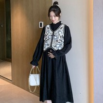 허그허그 / 플로얼 네트 베스트 블랙 러플 원피스 세트 임산부복