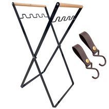 홈앤캠핑 접이식 철제 쓰레기 봉투걸이 우드핸들 재활용 분리봉투 종량제 봉투 거치대 감성물씬 PU가죽고리2p증정 블랙