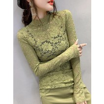 브이넥긴팔티 장미꽃 레이스 슬림핏 롱슬리브티 여성 상의 가을 목폴라 이너 셔츠 4056700365