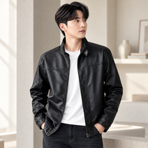 ANYOU 남성 가을 레더 자켓 스탠드카라 집업 블루종 캐주얼 데일리 간절기 가죽 자켓 아우터 상품 사진