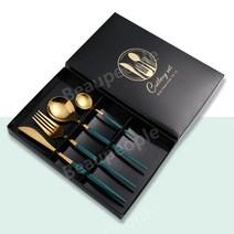 스테인레스 포르투갈 실버 골드 나이프 포크 스푼 젓가락 식기 수저 선물 상자 세트 식기, 그린골드 나이프 포크 스푼 티스푼 + 블랙박스
