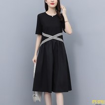 미미앤느 [L-5XL] 빅사이즈 블랙 심플 엑스 반팔 미디 원피스 110920