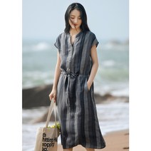 여름 린넨 마 스트라이프 원피스 롱 브이넥 스트링