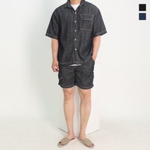 썸머 린넨 데님 반팔 셋업 셔츠 반바지 여름 남친룩 코디 진청 흑청 2color