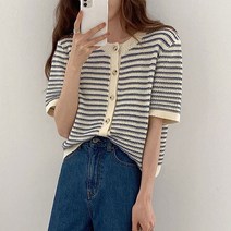 반팔 스트라이프 니트 가디건 반스트CD