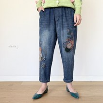 중년여성의류 40 50대 엄마옷 마담 밴딩 편안한 라라 꽃 패치 자수 배기 청바지
