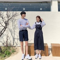 남녀 커플룩 스트라이프 긴팔티 반바지 캐주얼 멜빵 원피스 D-42