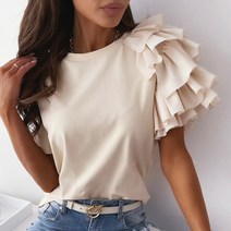 넥 프릴 블라우스 캐주얼 넥 솔리드 블라우스 셔츠 여름 반팔 우아한 패션 레이어드 프릴 탑 풀오버 스트리