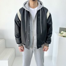 남자 봄 가을 가죽 레더 라인 배색 스타디움 바시티 점퍼 자켓2color