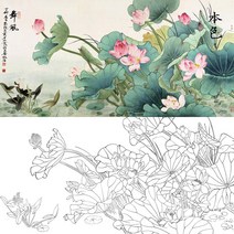 스케치 풍경 색칠 기름종이 세필화 초보자 라인 페인팅 정통 동양화 한국화, 68x138cm, 일반 백지 원고+채색 그림