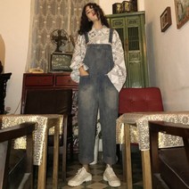 남성 멜빵바지 캐주얼 INSstudios.19ss코리아 빈티지 워싱 구제 스몰 포켓 일자 데님 멜빵바지 남여