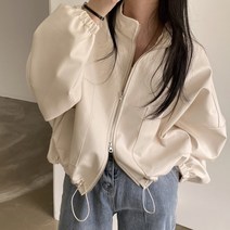 [랜덤플레이] 퍼프 가죽 루즈핏 셔링 숏 레더자켓