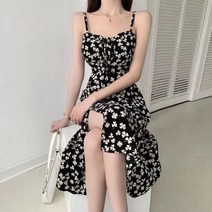 플라워 패턴 쉬폰 원피스 민소매 드레스 여성 꽃 사이드 슬릿 트임 로맨틱 라인
