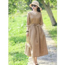 린넨 원피스 마 빅사이즈 롱 리넨 여성용 드레스 여성 단색 무지 코튼 레트로 복고풍 엔틱 v 넥 레이스 업 캐주얼 가운