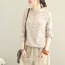 잔꽃무늬 면 스텐드 카라 여성 긴팔 티셔츠