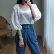 도도하나 도도하나 스퀘어 퍼프 물결 크롭 블라우스 (5988942)