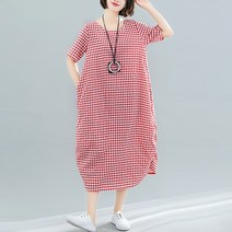 위코브 린넨 반팔 체크 루즈 롱 원피스