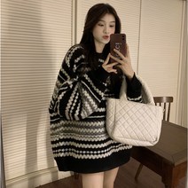 위위브렌 여성 캐주얼 스트라이프 라운드넥 니트 스웨터