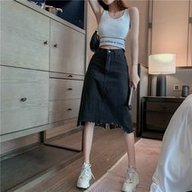 제인 밑단 트임 미디 스판 데님 스커트 흑청 연청