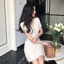 순이들 여성 가슴 버튼 골지 반팔 원피스