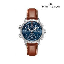 해밀턴 [해밀턴] H77922541 카키 에비에이션 X-Wind GMT 크로노 쿼츠 46mm 블루 다이얼 브라운 가죽 남성 시계