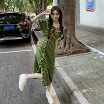 여성 슬림핏 캐주얼 체크 스퀘어넥 A라인 롱원피스 레이스 트임 오프숄더 투웨이 원피스