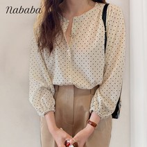 나바바 NB290 여성 도트 라운드넥 긴팔 블라우스