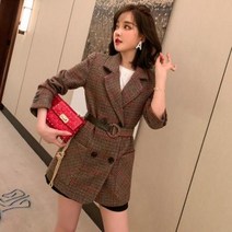 봄 가을 캐주얼 자켓 미우코 대기 칼라 허리가 접혀 날씬해 보이는 체크 모직 더블 미니 정장 코트 여 2020 이른 봄