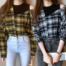 _ 체크무늬 반 오프숄더 루즈핏 셔츠 블라우스 데일리