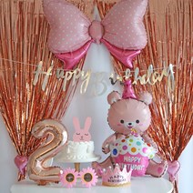파티커튼 곰돌이 핑크 생일 세트 파티 악세사리 용품, 곰돌이파티커튼세트(손펌프추가)