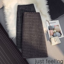 just feel!ng 여성용 도톰 모직 체크 스커트 하이웨이스트 슬림핏 롱스커트 트임 랩스커트 겨울롱스커트 모직스커트