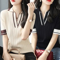 스타일아유 여성 봄 여름 배색 스트라이프 단가라 카라 트임 브이넥 반팔 니트 티셔츠 탄탄한 소재 2color