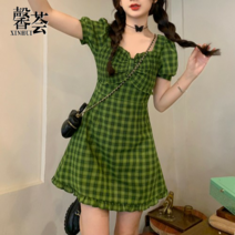 키작녀 원피스 키작은 여자 프랑스 스티치 그리드 여성용 여름 달콤한 스타일 치마