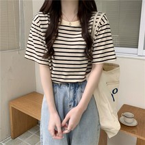 Tamina여름 디자인 감각 소소하고 얇은 유니크한 블라우스 루즈핏 매콤한 상의 스트라이프 반팔 티셔츠 여